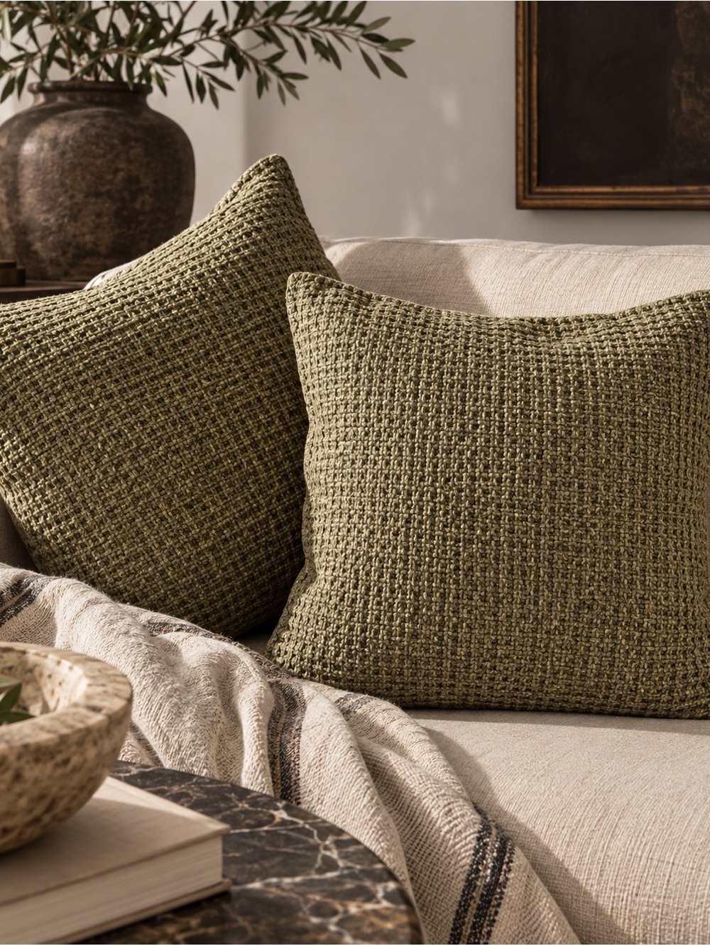 Southern Living Set of 2 Olive Green Textured Throw Pillows 18x18